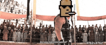 a pixel art of a man standing in front of a crowd asking are you not entertained