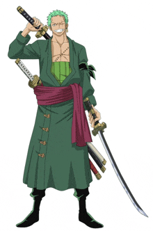 a man with green hair is holding two swords and smiling