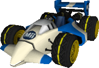 a blue and white mii race car with yellow tires