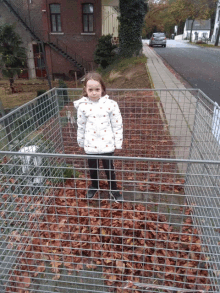 a little girl in a polka dot jacket is standing behind a fence