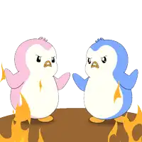 a pink and blue penguin are standing next to each other with flames behind them