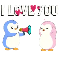 a blue penguin is holding a megaphone next to a pink penguin with the words i love you behind them