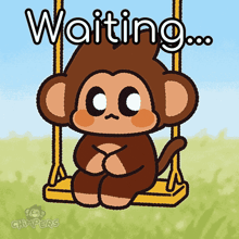 a cartoon monkey is sitting on a swing with the words " waiting " written above him