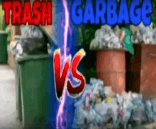 a cartoon of trash and garbage with a red vs sign