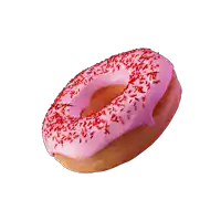 a donut with pink icing and red sprinkles