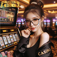 a woman wearing glasses and a jacket that says casino on the sleeve