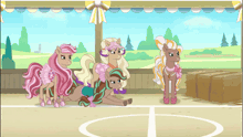 a cartoon of three ponies one of which is laying on the ground