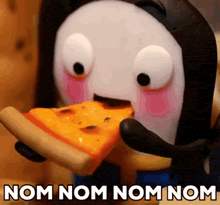 a cartoon character is eating a slice of pizza and says nom nom nom nom