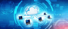 a group of laptops are connected to a cloud surrounded by binary code