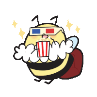 a cartoon of a bee wearing 3d glasses and holding a bucket of popcorn