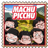 a cartoon drawing of a group of men with the words " machu picchu " on top