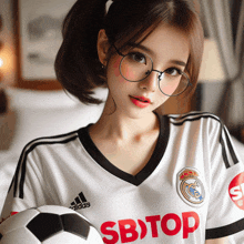 a girl wearing glasses and a sb top jersey holds a soccer ball