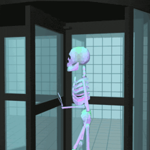 a skeleton is standing in front of a glass door in a bathroom