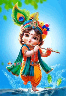 a baby krishna is playing a flute and wearing a peacock feather hat .