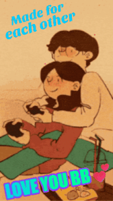 a cartoon of a man and woman playing a video game with the words made for each other above them