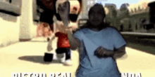 a man in a white shirt is dancing in front of a mickey mouse cartoon character