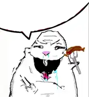 a drawing of a man holding a fork with a speech bubble behind him