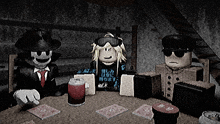 three roblox characters are sitting around a table playing cards