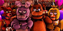 a group of five nights at freddy 's stuffed animals are standing next to each other in front of balloons .