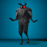 a cartoon monster with red eyes is standing on a blue background