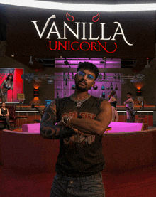 a man stands in front of a vanilla unicorn bar