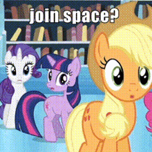 a group of ponies are standing in front of a bookshelf with the words " join space " on the bottom