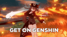 a video game character is standing in front of a fire with the words `` get on genshin '' .