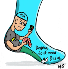 a cartoon of a man with a 404 hat holding a cell phone