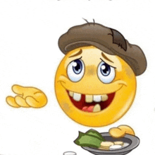 a cartoon smiley face wearing a hat and holding a plate of food .