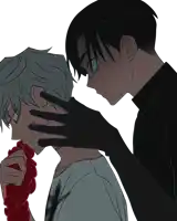 a man in a black shirt is touching the neck of another man