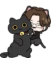 a cartoon of a boy hugging a black cat