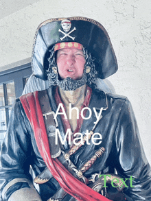 a statue of a man dressed as a pirate with the words ahoy mate below him