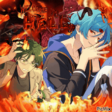 two anime characters are surrounded by fire and the words welcome to hell