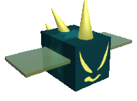 a blue cube with yellow horns on top of it