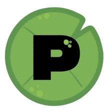 a green circle with a black letter p in the center