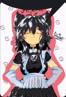 a drawing of a girl in a maid outfit with a cat ear on her head