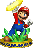 a statue of mario holding a large yellow object with the letter m on his hat