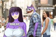 a meme shows a woman looking at a man with a purple cat on his head and the words other memecoins on the bottom