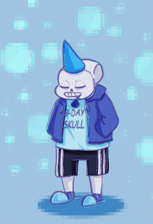 a drawing of a skeleton wearing a birthday hat and a shirt that says 3 day skull