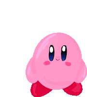 a pink kirby cartoon character with blue eyes and red legs