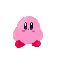 a pink kirby cartoon character with blue eyes and red legs