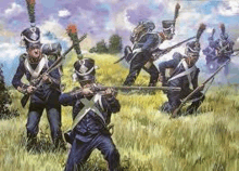 a painting of soldiers fighting in a field .