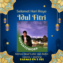 a greeting card with a picture of a man and the words selamat hari raya idul fitri