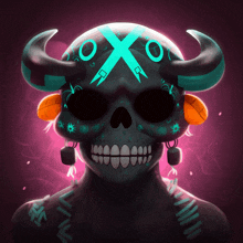 a drawing of a skull with horns and a cross on its face