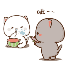 a cartoon of a cat eating a watermelon and another cat spraying water at it