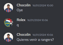 a screenshot of a conversation between chocolin oye and rolex