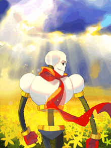 a drawing of a skeleton in a field of flowers