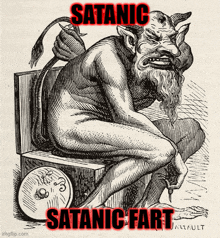 a black and white drawing of a naked devil with the words satanic and satanic fart