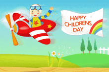 a happy children 's day greeting card with a boy flying in a plane