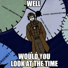 a cartoon of a man standing in front of a clock with the words " well would you look at the time "